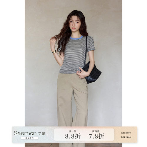 【夕蒙新品】夏季韩系撞色上衣休闲修身显瘦黑色条纹正肩短袖t恤