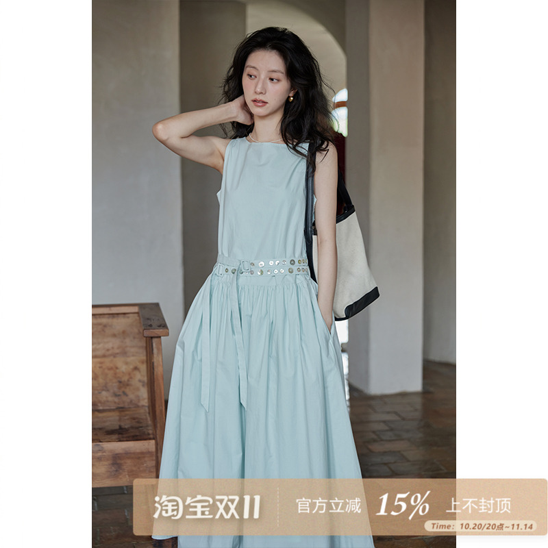 95折/夕蒙2025夏设计感小众法式气质小个子无袖复古背心连衣裙女