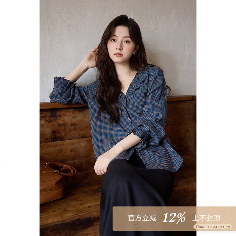 夕蒙2025新款秋韩系气质裙子小个子减龄洋气小众独特复古蓝格衬衫