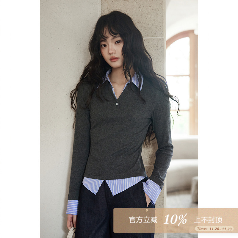 夕蒙2025新款秋韩系假两件上衣独特漂亮修身减龄小众别致气质t恤