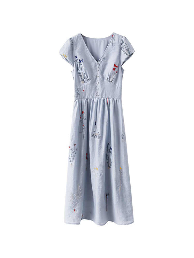Light blue floral embroidered short-sleeve dress on a white background