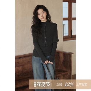 夕蒙2025新款冬季韩系针织衫设计感上高级感深灰毛衣披肩两件套女