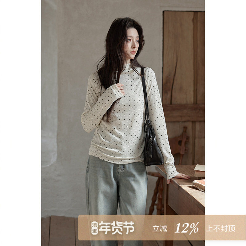 夕蒙2025新款冬季半高领打底衫上衣独特漂亮高级感小个子波点t恤