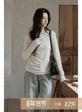 夕蒙2025新款冬季半高领打底衫上衣独特漂亮高级感小个子波点t恤