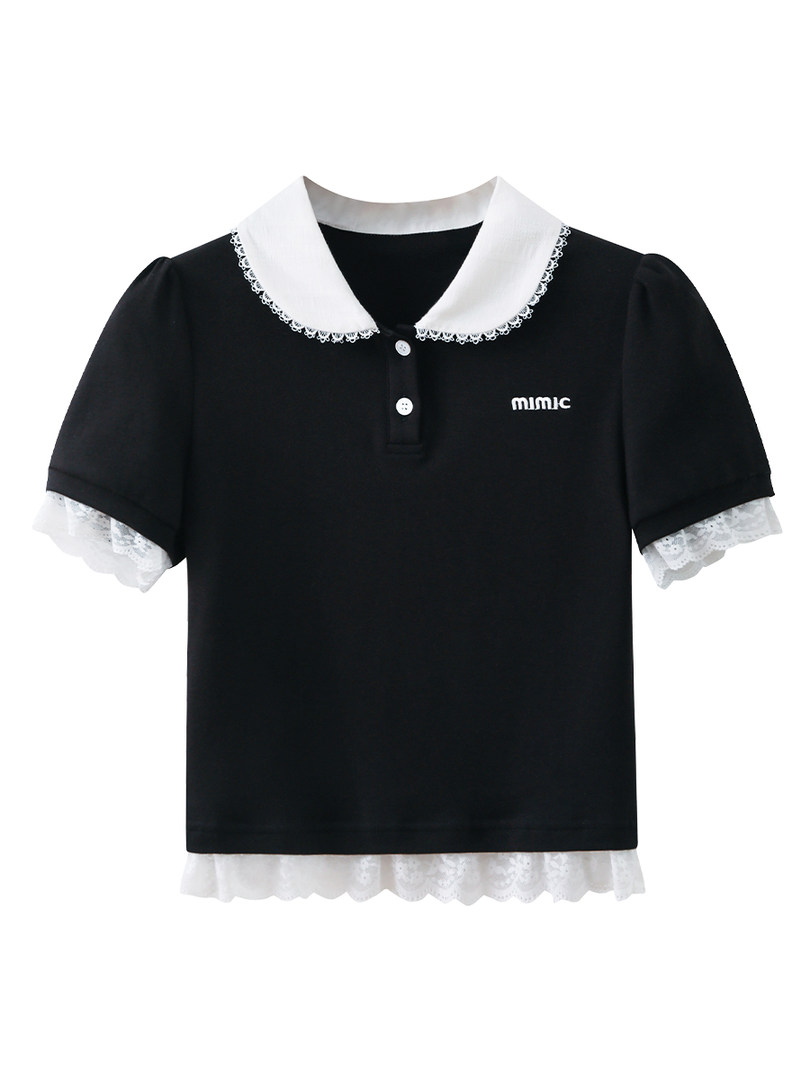 Black short-sleeve collared shirt with white lace trim and button placket