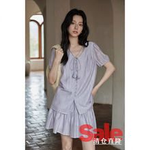 【直降清仓】夏季紫色泡泡袖v领设计感小众衬衫上衣半身裙套装女