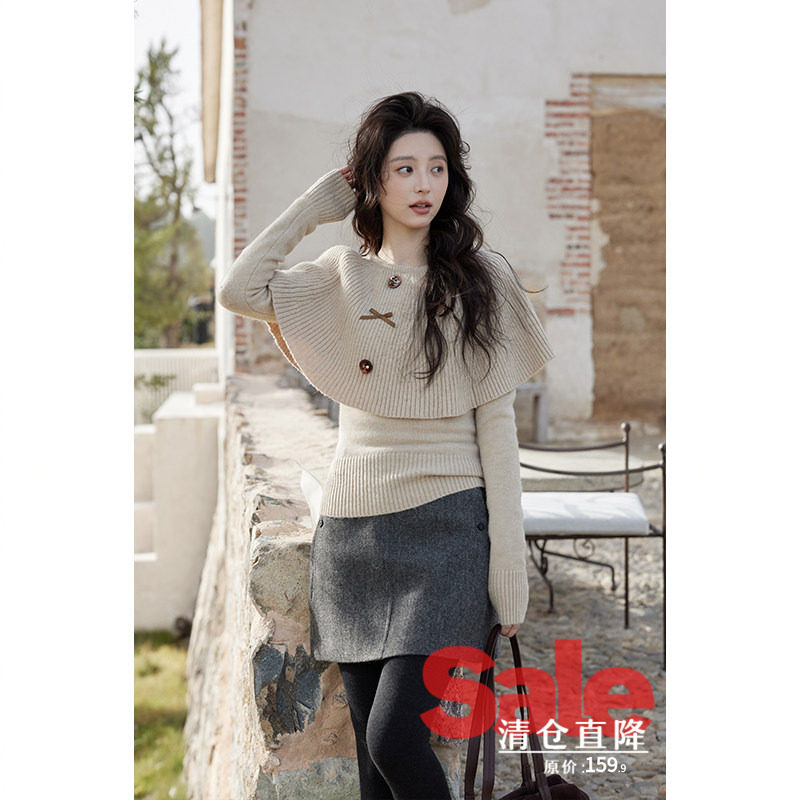 【清仓秒杀】冬季韩系软糯针织上衣小众慵懒设计感毛衣斗篷两件套,女装/女士精品,毛衣,淘宝优惠券,粉丝福利购,淘宝优惠卷
