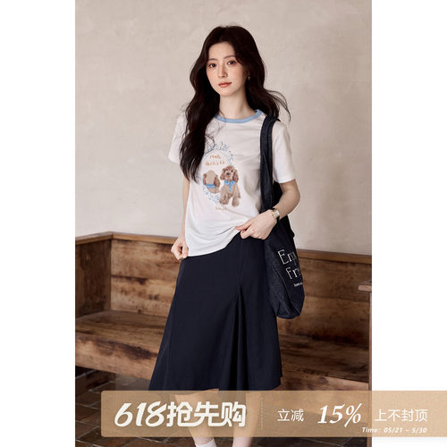 夕蒙2026新款夏季韩系独特上衣多巴胺原创狗狗印花正肩短袖t恤女