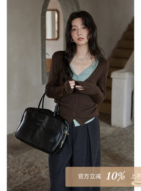 夕蒙2025秋修身显瘦上衣小众时尚流行洋气高级假两件短款针织衫秋