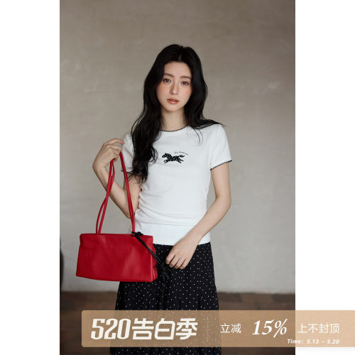 夕蒙2026新款春夏韩系漂亮上衣原创小马印花白色修身正肩短袖t恤