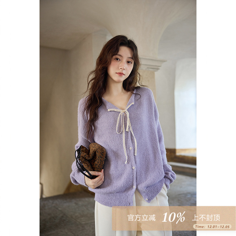 夕蒙2025新款秋冬韩系气质设计感上衣高级慵懒风宽松紫色开衫毛衣
