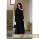 夕蒙2026新款 春季 韩系气质小众裙子独特斜肩巨好看绝美黑色连衣裙