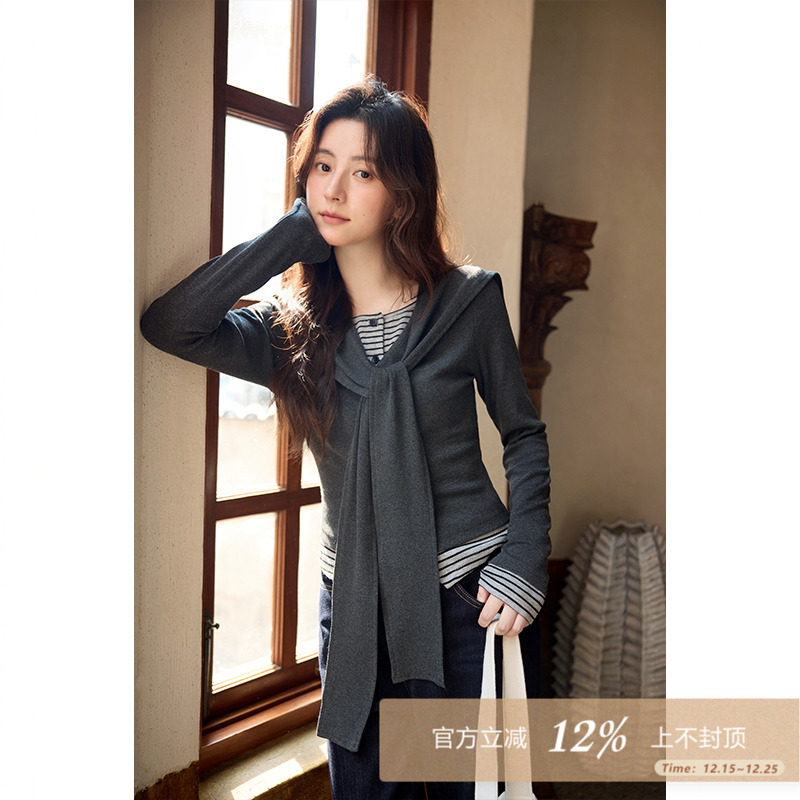 夕蒙2025新款秋韩系气质上衣设计感小众独特深灰色假两件长袖t恤