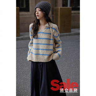 慵懒上衣高级洋气设计感小众别致条纹毛衣女 反季 清仓 秋冬时尚