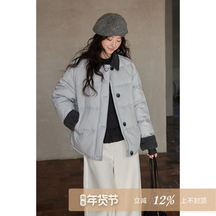 夕蒙2025新款冬季韩系设计感小个子保暖撞色拼接翻领羽绒服外套女