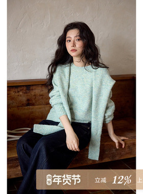 夕蒙2025新款冬季韩系独特漂亮针织衫松弛高级小个子绿色披肩毛衣