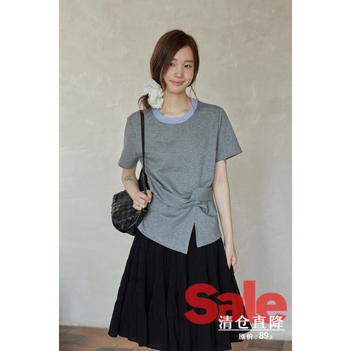 【夏末清仓】夏季韩系设计感上衣别致撞色扭结圆领正肩短袖t恤女