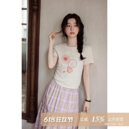 夕蒙2026新款夏季韩系漂亮上衣修身原创印花圆领正肩短款短袖t恤