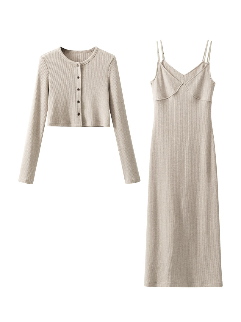 Beige ribbed knit cardigan and matching slip dress displayed on a white background