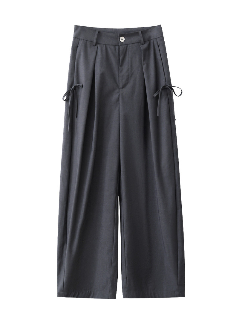 Dark gray wide-leg trousers laid flat on a white background
