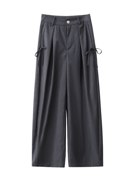 Dark gray wide-leg trousers laid flat on a white background