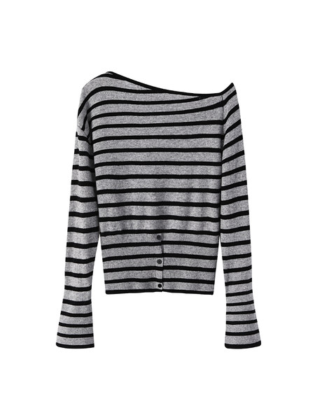 Gray and black striped long-sleeve knit sweater laid flat on a white background