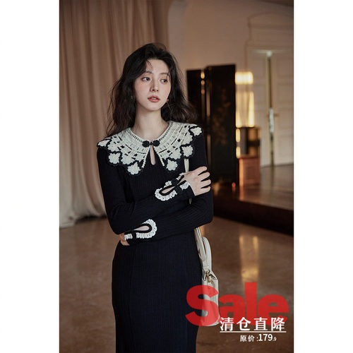 【反季清仓】秋冬设计感小众法式气质小个子收腰别致黑色连衣裙女