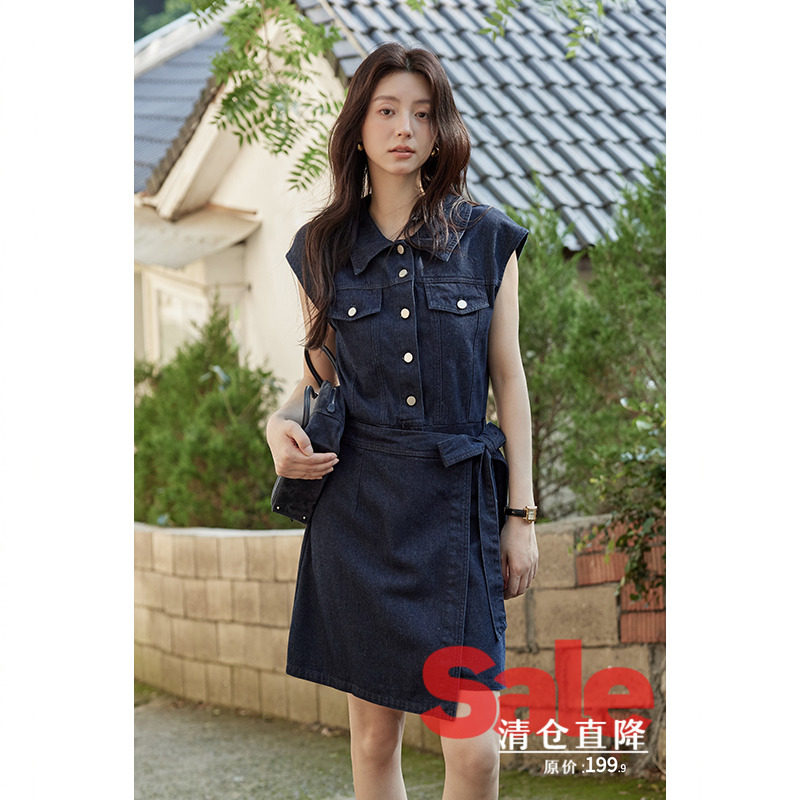 【清仓秒杀】夏高级小众不撞款裙子减龄小个子复古深蓝牛仔连衣裙