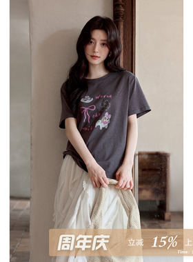 夕蒙2026新款夏季韩系好看上衣原创设计感印花深灰色圆领短袖t恤