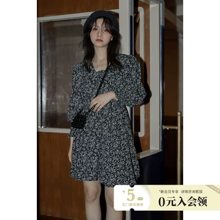 复古法式 夕蒙2023新款 春秋季 小个子碎花连衣裙黑色设计感小众裙子