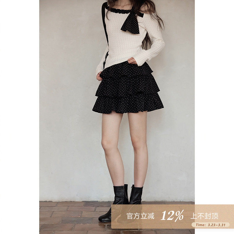 夕蒙2026新款春季绝美巨好看裙子小个子设计感蛋糕裙黑色波点短裙
