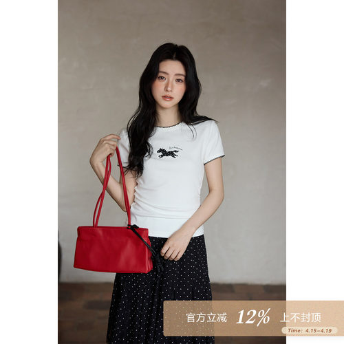 夕蒙2026新款春夏韩系漂亮上衣原创小马印花白色修身正肩短袖t恤