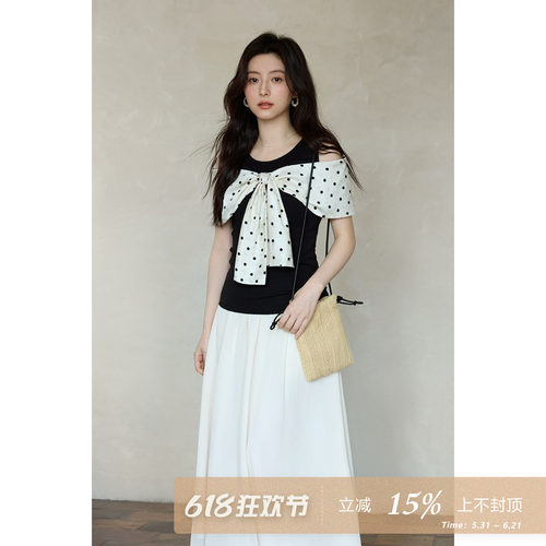 夕蒙2026新款夏季韩系假两件上衣蝴蝶结拼接波点修身露肩短袖t恤