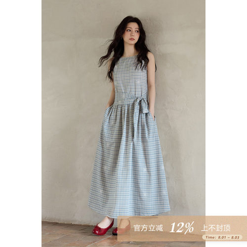 夕蒙2026新款夏季韩系好看裙子收腰蓝色格纹长款无袖背心连衣裙女