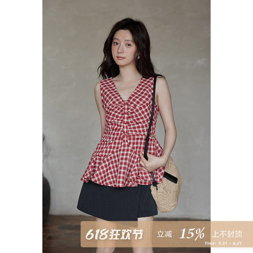 夕蒙2026新款夏韩系气质上衣设计感减龄小众收腰红格无袖背心衬衫