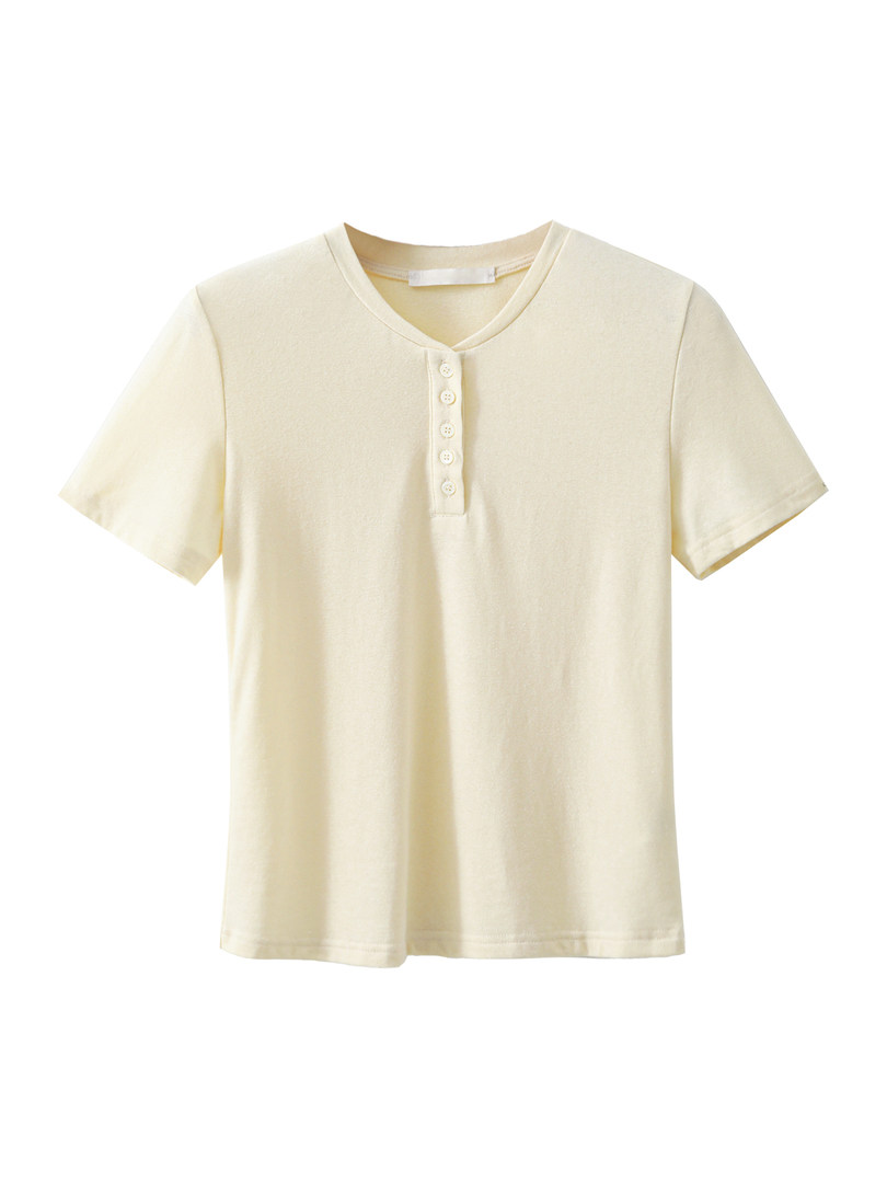 Cream short-sleeve henley T-shirt on a white background