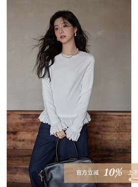 夕蒙2025新款秋白色内搭打底衫时尚小众小个子别致蕾丝花边t恤女