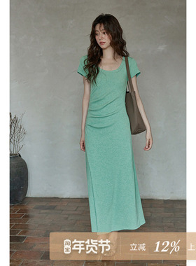 夕蒙2025新款夏韩系气质裙子小众独特高级减龄别致绿色u领连衣裙
