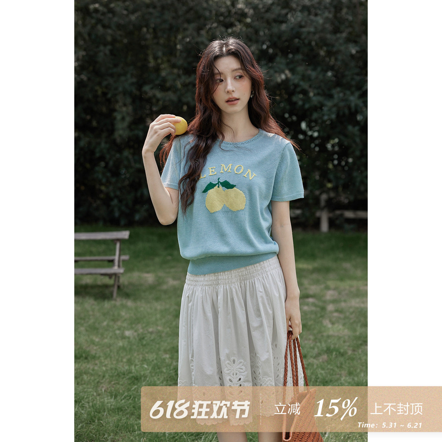 夕蒙2026新款春夏韩系气质独特上衣水果印花短袖蓝色圆领针织衫女
