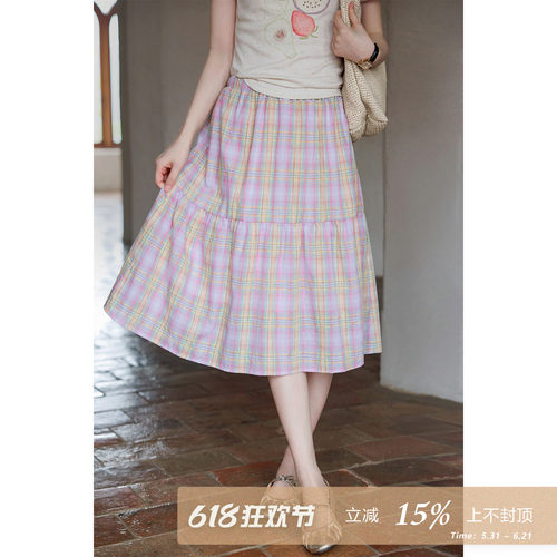夕蒙2026新款夏季韩系好看气质灰裙子多巴胺粉色格纹a字半身裙女