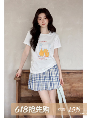 夕蒙2026新款夏季韩系好看上衣原创设计印花白色圆领正肩短袖t恤