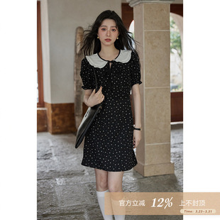 娃娃领黑色碎花连衣裙 短袖 夕蒙2026新款 夏设计感小众慵懒风法式