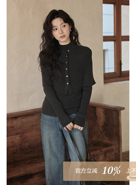 夕蒙2025新款冬季韩系针织衫设计感上高级感深灰毛衣披肩两件套女