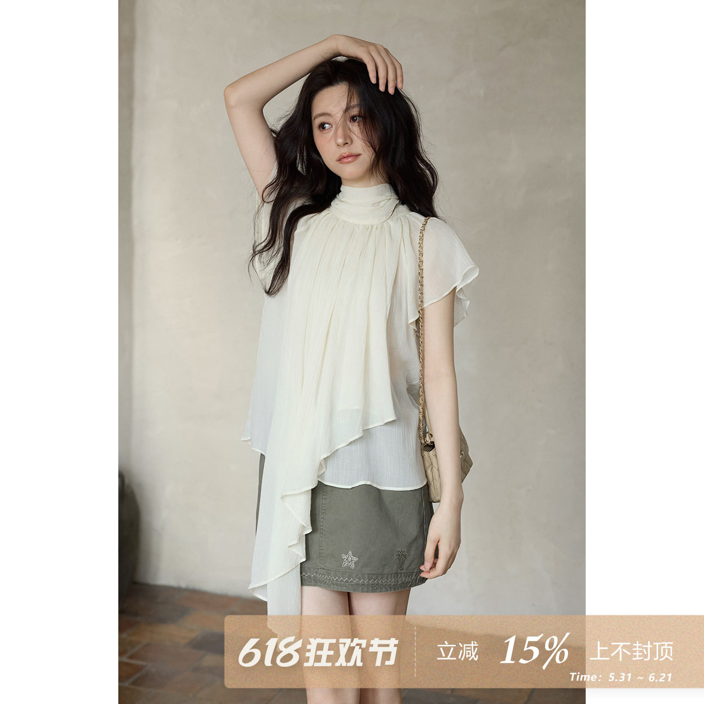 夕蒙2026新款夏季韩系绝美上衣设计感半高领不规则荷叶边雪纺小衫