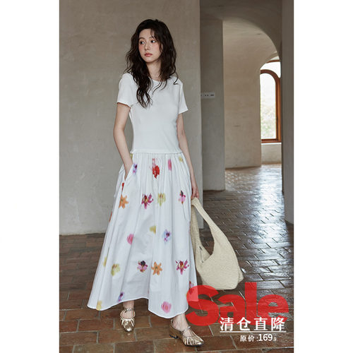【清仓秒杀】夏韩系气质显瘦裙子高级减龄小众白色印花短袖连衣裙