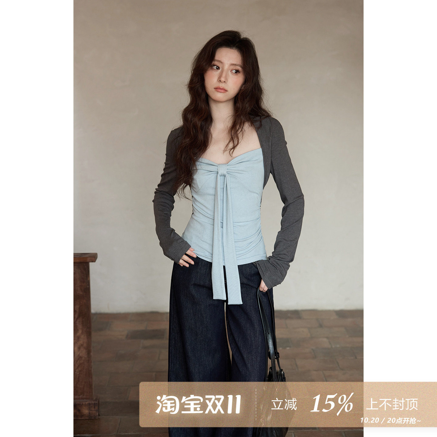 夕蒙秋季韩系穿搭撞色抹胸上衣设计感单穿蝴蝶结假两件长袖t恤女