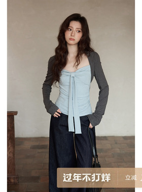 夕蒙2026新款春季韩系气质上衣小个子小众修身短款假两件长袖t恤