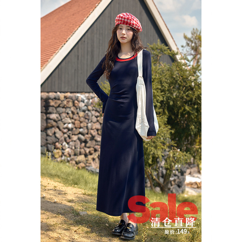【清仓秒杀】秋季韩系气质裙子小众独特修身假两件藏蓝长袖连衣裙