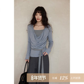 夕蒙2026新款 t恤 上衣独特绝美小众假两件飘带长袖 春季 韩系打底衫