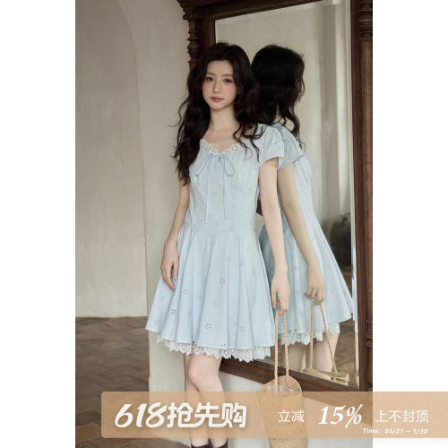 夕蒙2026新款夏季韩系气质好看裙子蓝色拼接蕾丝边短款a字连衣裙